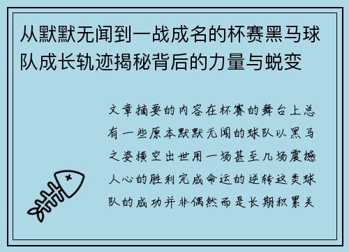 从默默无闻到一战成名的杯赛黑马球队成长轨迹揭秘背后的力量与蜕变