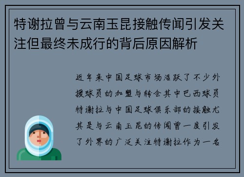 特谢拉曾与云南玉昆接触传闻引发关注但最终未成行的背后原因解析 特谢拉曾与云南玉昆接触传闻引发关注但最终未成行的背后原因解析