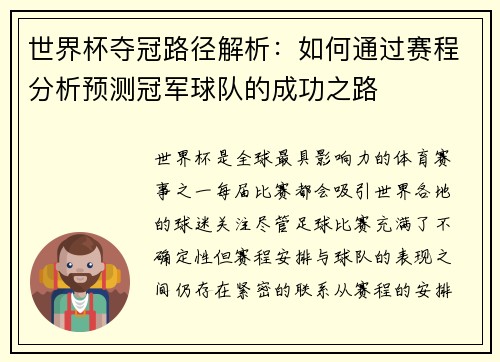 世界杯夺冠路径解析：如何通过赛程分析预测冠军球队的成功之路