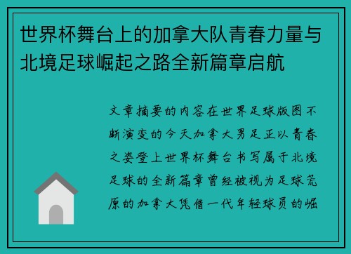 世界杯舞台上的加拿大队青春力量与北境足球崛起之路全新篇章启航